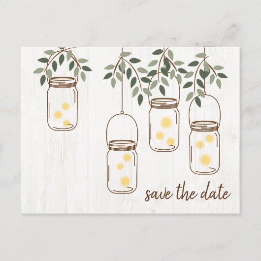 Carte Postale Faire-part Mariage rustique au pot Mason et lucioles (Devant)