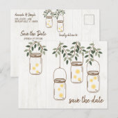 Carte Postale Faire-part Mariage rustique avec pot Mason & lucioles (Devant / Derrière)
