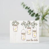 Carte Postale Faire-part Mariage rustique avec pot Mason & lucioles (Debout devant)