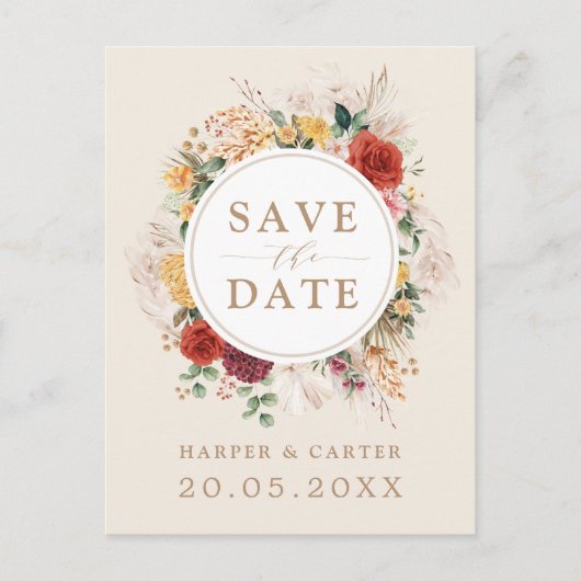 Carte Postale Faire-part Mariage rustique boho floral tropical herbe de Pam (Devant)