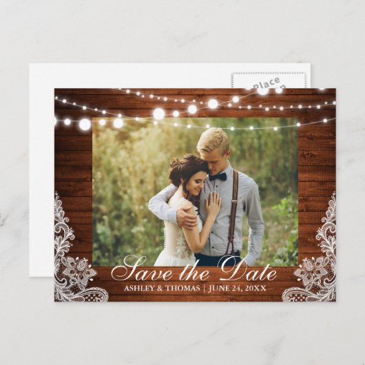 Carte Postale Faire-part Mariage Rustique Bois Lumières Dentelle Épargnez l (Devant / Derrière)