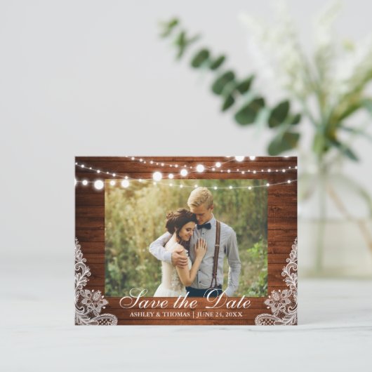 Carte Postale Faire-part Mariage Rustique Bois Lumières Dentelle Épargnez l (Debout devant)