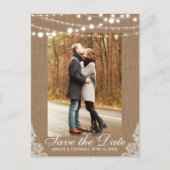 Carte Postale Faire-part Mariage rustique Burlap Lights Enregistrer la date (Devant)