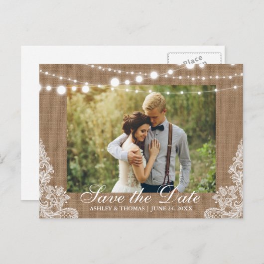 Carte Postale Faire-part Mariage rustique Burlap Lights Lace Enregistrer la (Devant / Derrière)