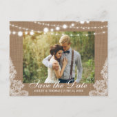 Carte Postale Faire-part Mariage rustique Burlap Lights Lace Enregistrer la (Devant)