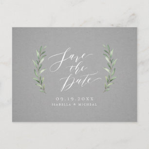 Carte Postale Faire-part Mariage rustique calligraphie simple gris verdure