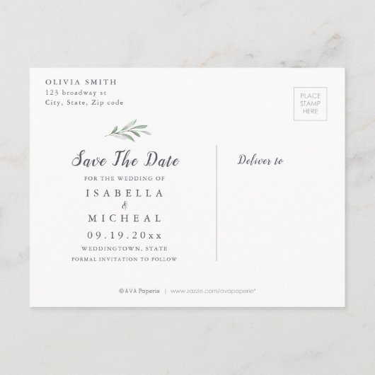 Carte Postale Faire-part Mariage rustique calligraphie simple gris verdure (Dos)