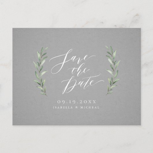 Carte Postale Faire-part Mariage rustique calligraphie simple gris verdure (Devant)