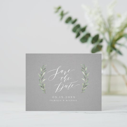 Carte Postale Faire-part Mariage rustique calligraphie simple gris verdure (Debout devant)