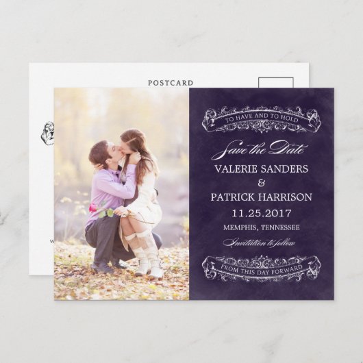 Carte Postale Faire-part Mariage Rustique Chic Enregistrer La Date - Violet (Devant / Derrière)