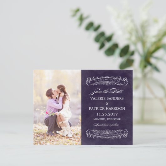 Carte Postale Faire-part Mariage Rustique Chic Enregistrer La Date - Violet (Debout devant)
