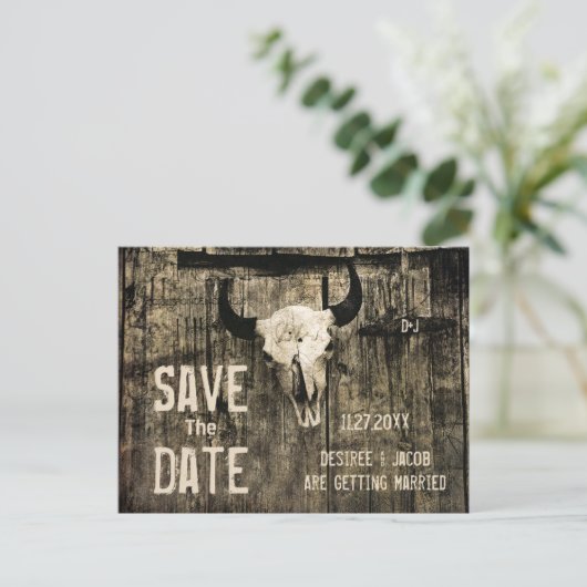 Carte Postale Faire-part Mariage Rustique Crâne De Vache Occidentale Enregi (Debout devant)