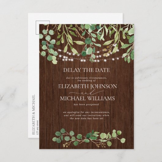 Carte Postale Faire-part Mariage rustique Date de report Eucalyptus Wood (Devant / Derrière)