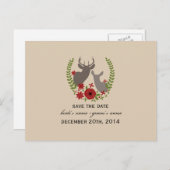 Carte Postale Faire-part Mariage Rustique De Noël Floral Deer Sauvez La Dat (Devant / Derrière)