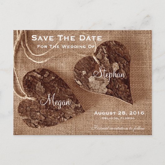 Carte Postale Faire-part Mariage Rustique en bois Coeurs SaveTheDate Postca (Devant)