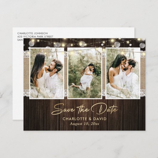 Carte Postale Faire-part Mariage Rustique En Bois Enregistrer La Date Photo (Devant / Derrière)