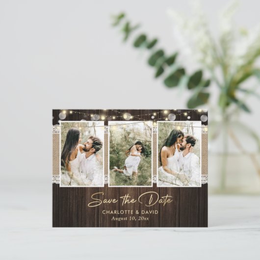 Carte Postale Faire-part Mariage Rustique En Bois Enregistrer La Date Photo (Debout devant)