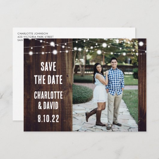 Carte Postale Faire-part Mariage rustique en bois Enregistrer la date Photo (Devant / Derrière)