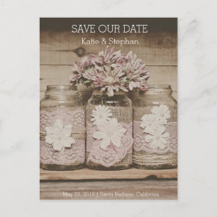 Carte Postale Faire-part Mariage rustique Lace Jars ENREGISTRER LA DATE Car