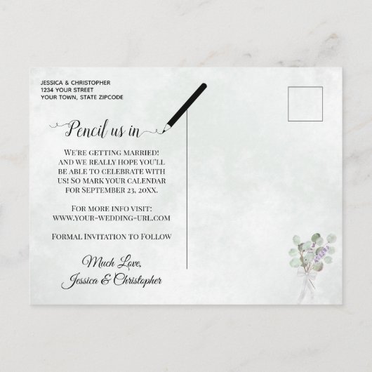 Carte Postale Faire-part Mariage Rustique Lavande & Eucalyptus Enregistrez (Dos)