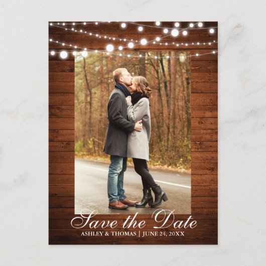 Carte Postale Faire-part Mariage Rustique Lumières en Bois Save the Date (Devant)
