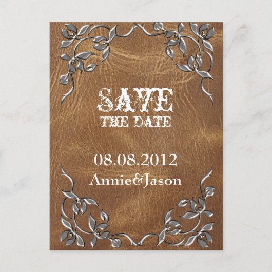 Carte Postale Faire-part mariage rustique occidental en cuir save the date (Devant)