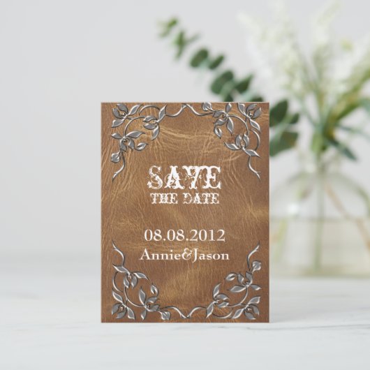 Carte Postale Faire-part mariage rustique occidental en cuir save the date (Debout devant)