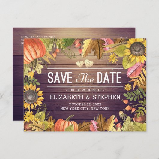 Carte Postale Faire-part Mariage Sauvegarder La Date Automne Feuilles Bois  (Devant / Derrière)