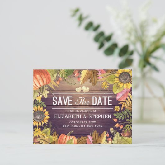 Carte Postale Faire-part Mariage Sauvegarder La Date Automne Feuilles Bois (Debout devant)