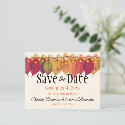 Carte Postale Faire-part Mariage Sauvegarder La Date Automne Feuilles Lueur (Debout devant)