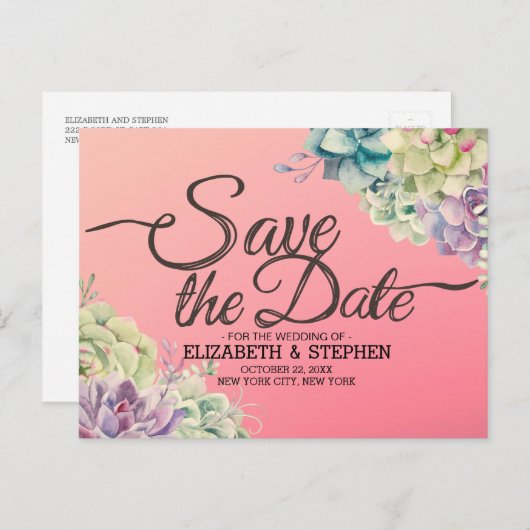 Carte Postale Faire-part Mariage Sauvegarder La Date Plantes Succulentes Aq (Devant / Derrière)