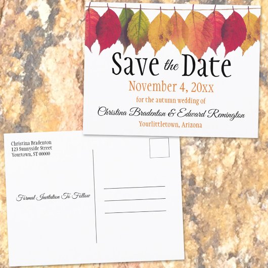 Carte Postale Faire-part Mariage : Sauver la date Feuilles d'automne sur un