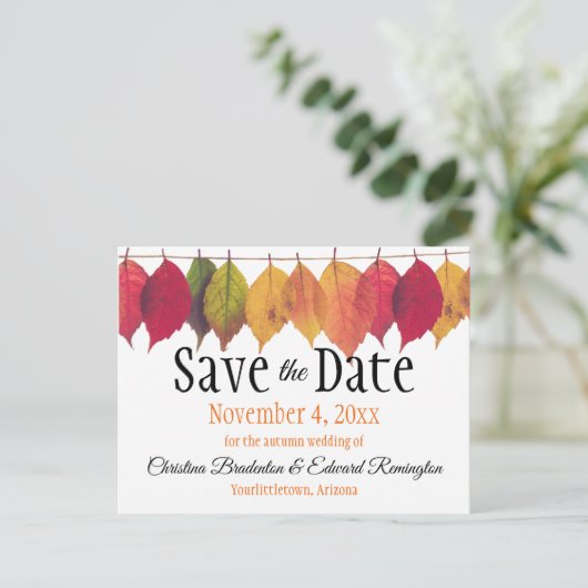 Carte Postale Faire-part Mariage : Sauver la date Feuilles d'automne sur un (Debout devant)
