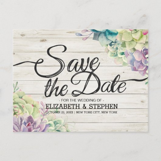Carte Postale Faire-part Mariage Sauver La Date Plantes Succulentes Bois Ru (Devant)
