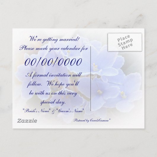 Carte Postale Faire-part Mariage "Sauvez la date" Violets bleus africains (Dos)