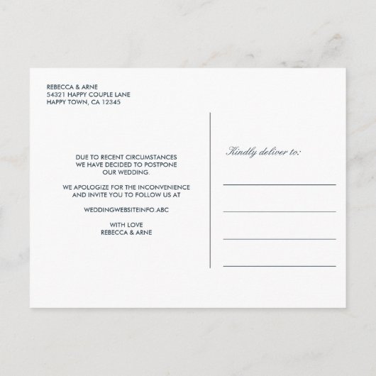 Carte Postale Faire-part Mariage scandinave MODIFIER LA DATE POSTPONEMENT (Dos)