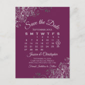 Carte Postale Faire-part Mariage Silver & Cassis Calendrier d'enregistremen (Devant)