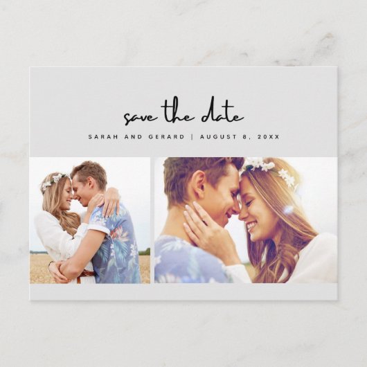 Carte Postale Faire-part Mariage simple gris deux photos Enregistrer la dat (Devant)