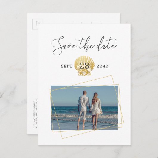 Carte Postale Faire-part Mariage simple moderne de plage coquillage doré (Devant / Derrière)