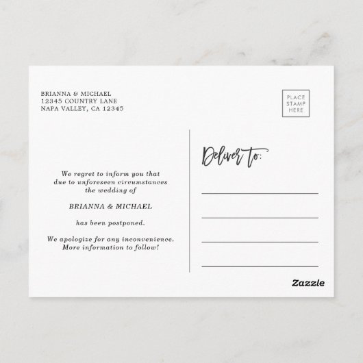 Carte Postale Faire-part Mariage simple reporté (Dos)