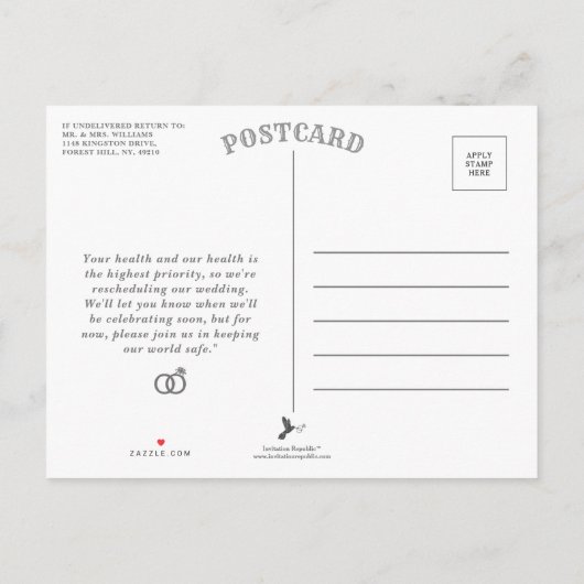 Carte Postale Faire-part Mariage Six Pieds de Séparation Reporté Changement (Dos)