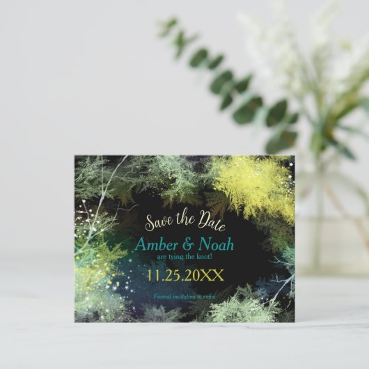 Carte Postale Faire-part Mariage Soirée dans une forêt étoilée, Enregistrez (Debout devant)