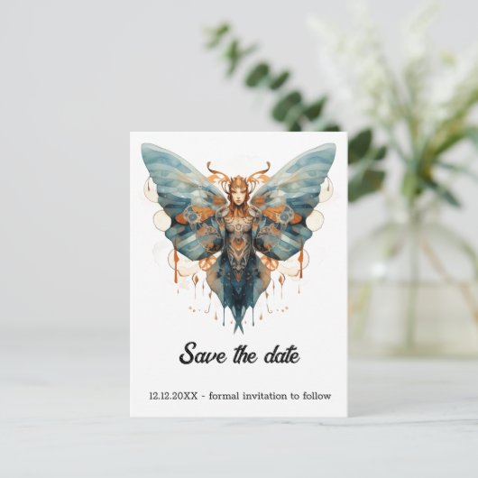 Carte Postale Faire-part Mariage Steampunk Papillon Monarque à Ailes Cog (Debout devant)