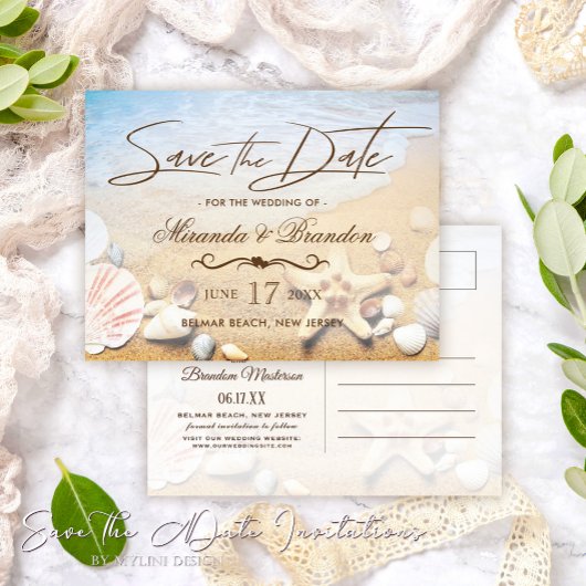 Carte Postale Faire-part Mariage sur la plage aux étoiles de mer tropicales
