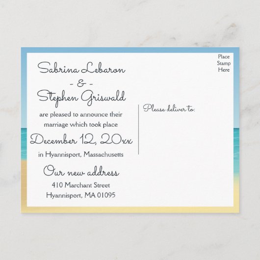 Carte Postale Faire-part Mariage sur la plage avec phare (Dos)