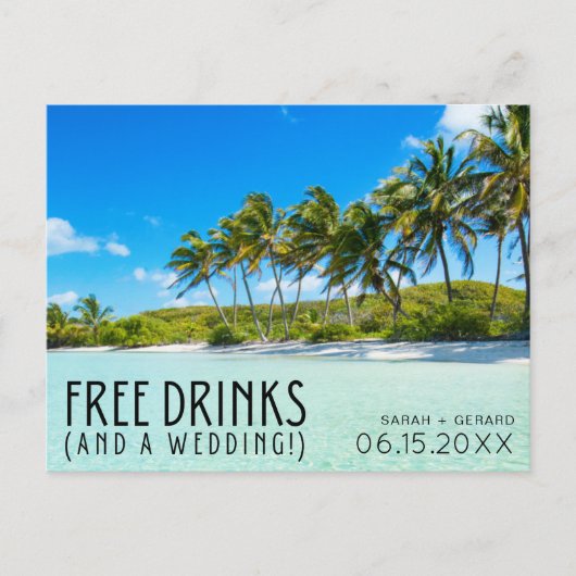 Carte Postale Faire-part Mariage sur la plage, boissons offertes, Save the (Devant)