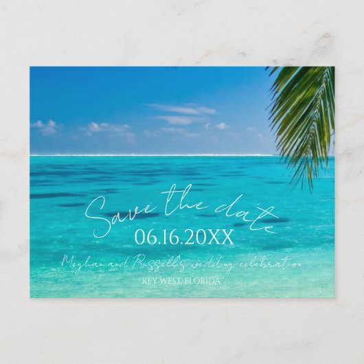 Carte Postale Faire-part Mariage sur la plage tropicale, Enregistrez la dat (Devant)