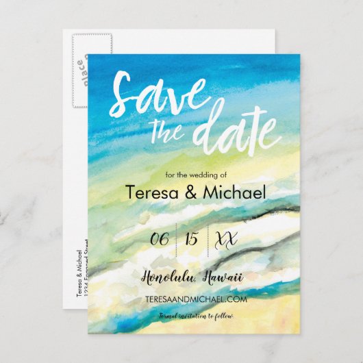 Carte Postale Faire-part Mariage sur mesure à destination Plage aquarelle (Devant / Derrière)