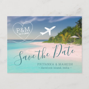 Carte Postale Faire-part Mariage sur une île avec avion au cœur Save the Da