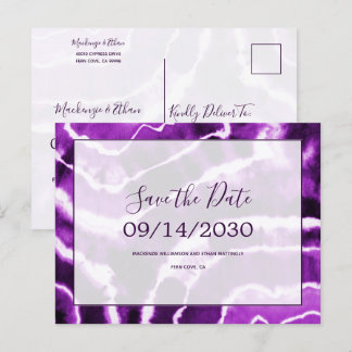 Carte Postale Faire-part Mariage Teinture Tie Chic Marbre Violet Enregistre